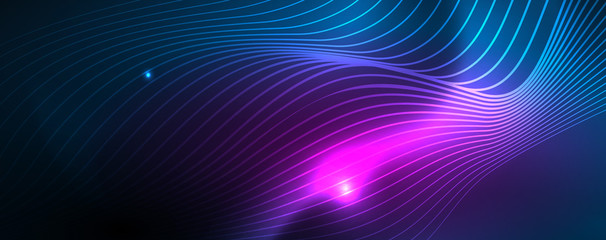 Smooth wave lines on blue neon color light background. Glowing abstract wave on dark, shiny motion, magic space light