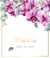 Wedding card with orchid flowers Vector watercolor. Beautiful floral decor frame. Golden texts