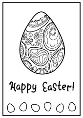 Happy Easter coloring postcard with lettering and egg with abstract ornament. Easter coloring page for children