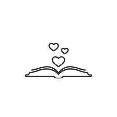 Open book with pages and hearts flying out. Isolated on white background. bibliophile flat line icon.