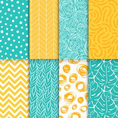 Monstera, roses, leaves, geometric seamless pattern set. Organic simple background collection. Vector illustration