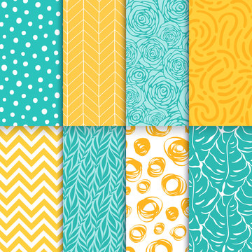Monstera, roses, leaves, geometric seamless pattern set. Organic simple background collection. Vector illustration