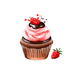 Cupcake with raspberry cream and chocolate, muffin isolated on white background. Street food, take-away, take-out. Fast food hand drawn digital illustration. Graphic clip art design for web, print.