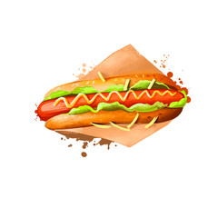 Hot Dog with sausage, mustard sauce in paper wrapping isolated on white background. Street food, take-away, take-out. Fast food hand drawn digital illustration. Graphic clip art design for web, print.