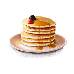 Pancakes with maple sirup and fresh berries isolated on white background. Flapjack Street food, take-away, take-out. Fast food hand drawn digital illustration. Graphic clip art design for web, print.