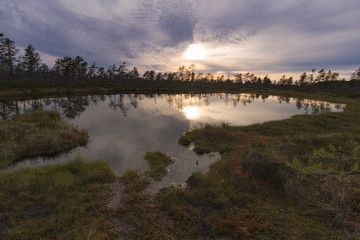 Fototapeta na wymiar Afternoon summer sun shining through clouds over swampy lake