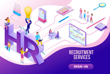Recruitment agency isometric infographic landing page template with 3d employer hiring talent worker, candidates search work via human resource mobile app, office business people, vector illustration