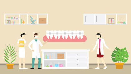 orthodontics dentist concept with team doctor and nurse people teeth with modern flat style - vector