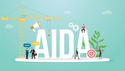 aida attention interest desire action sales funnel marketing business concept with team people and big word - vector
