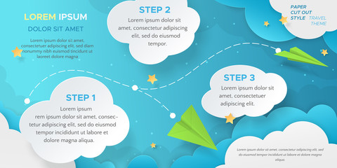 Travel scene with green paper airplanes flying among clouds and stars. Vector layout in paper cut style with 3d origami aircraft for design of flyers, banners, leaflets. Carving art on blue background