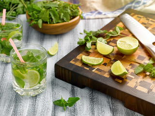 Cool lemonade with mint and lime and ice in glass cups