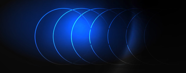 Dark abstract background with bright color neon lights and lines. Glowing background