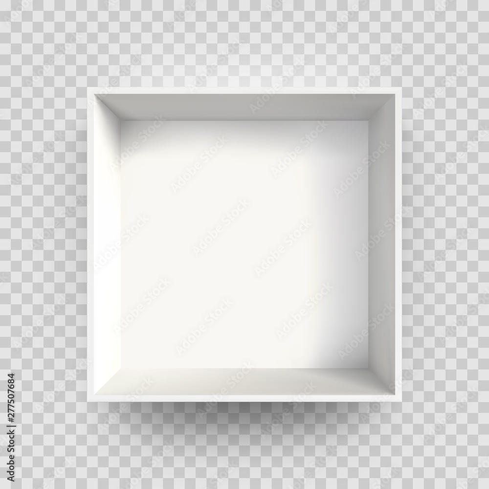 Wall mural white box mock up 3d model 3d top view shadow. vector isolated blank cardboard open white paper box 