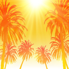 Fototapeta na wymiar Summer party background with palm trees silhouettes on orange sunny sky