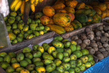 Traditional market in Asia with a variety of fruits and vegetables from farms and jungles. Sales business background in Sri Lanka. Stock photo