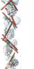 Vertical spa banner. Oyster shells, sea pebbles, dry bamboo, young sprouts on a wooden white background.