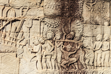 Ancient Khmer carving bas-relief. Wall of Bayon Temple, Angkor Thom, Siem Reap, Cambodia