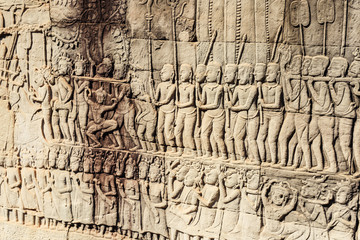 Ancient Khmer carving bas-relief. Wall of Bayon Temple, Angkor Thom, Siem Reap, Cambodia