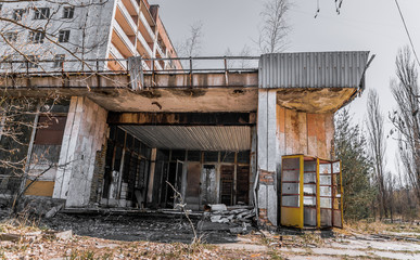 Street of the abandoned ghost town Pripyat. Overgrown trees and collapsing houses in the exclusion...