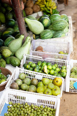 Traditional market in Asia with a variety of fruits and vegetables from farms and jungles. Sales business background in Sri Lanka. Stock photo