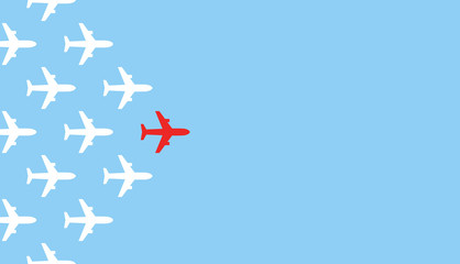 Leadership concept. One red leader airplane leads other white airplanes forward. Red and white airplanes. Motivation business vector illustration.