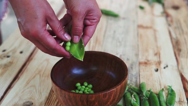 closeup of woman hand depod green peas in brown dish, on wooden table.