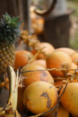 Yellow coconuts are sold on the market in Asia. Sale of vegetarian fruits outdoors. Stock photo