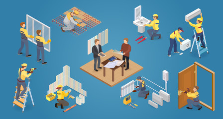 Home repair isometric icons set with workers, tools.