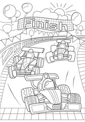 Car race coloring page. Formula 1 black line vector illustration on white background. Speed car on finish. Racing children coloring book