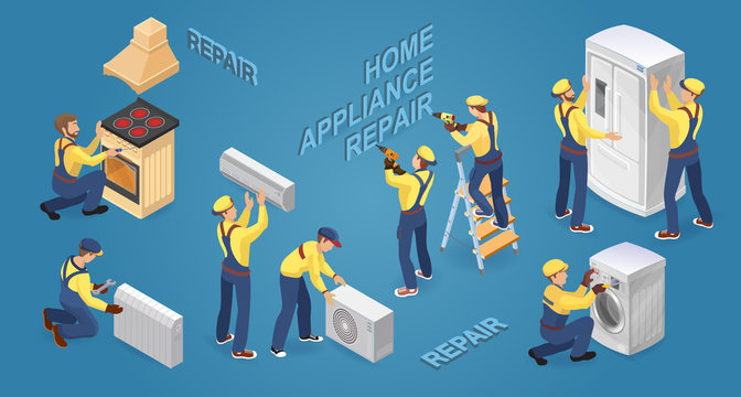 Isometric Workers With Faulty Home Appliances. Vector Illustration.