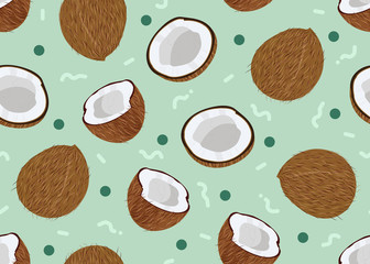 Coconut fruits seamless pattern whole and piece with dot on bright green background. Tropical fruit vector illustration