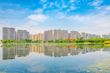 Architectural scenery around Jincheng Lake Park in Chengdu, Sichuan Province, China