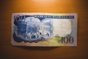 Old Portuguese money bill. Banco de Portugal. Escudos were the money from Portugal before Euro. 