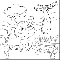 Cute rhinoceros in african landscape. Children coloring page vector illustration. Wild nature scene with funny rhino.