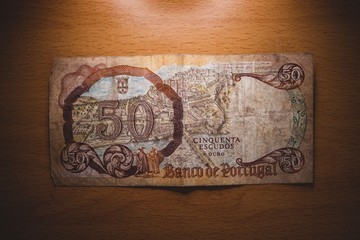 Old Portuguese money bill. Banco de Portugal. Escudos were the money from Portugal before Euro. 