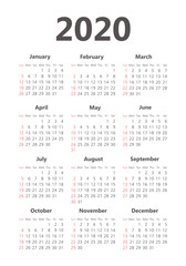 Vector calendar 2020 year. Week starts from Sunday