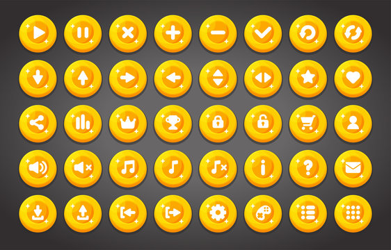 Flat round game buttons in flat cartoon style