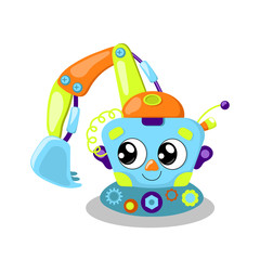 Cute robot character vector illustration on white background. Automatic construction equipment. Robot excavator.