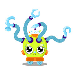 Cute robot character vector illustration on white background. Multitasking machine. Robot carpenter with tools.