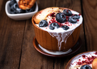 Granola, oatmeal with milk, peach and blue berry