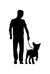 Man holding leash with french bulldog. Vector black flat icon