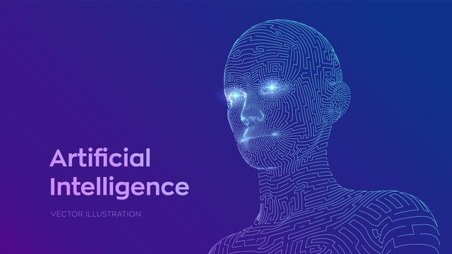 Artifactial intelligence concept. Ai digital brain. Abstract digital human face. Human head in robot computer interpretation. Robotics concept. Wireframe head concept. Vector illustration.