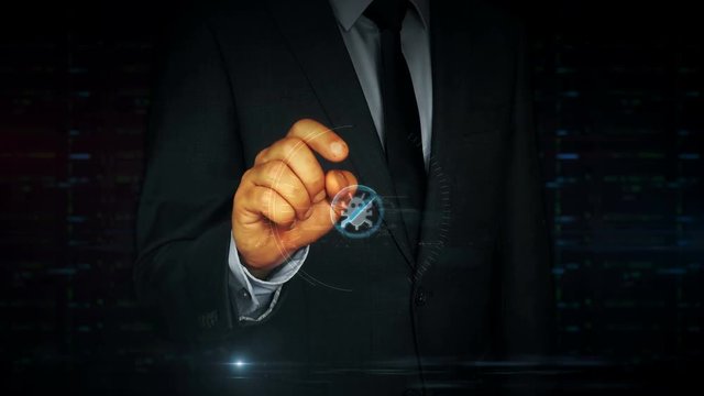 A businessman in a suit touch the screen with antivirus symbol hologram. Man using virtual display interface. Firewall, computer protection, online safety and cyber security futuristic concept.