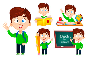 Back to school, set of five poses. Cute boy