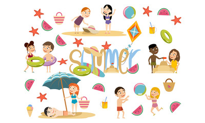 Set girls and boys of different races in summer clothes and swimsuits in the summer. Beach relax, games and surfing. Vector illustration