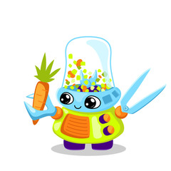 Cute robot character vector illustration on white background. Vegetable cutting cooking machine. Robot chief.