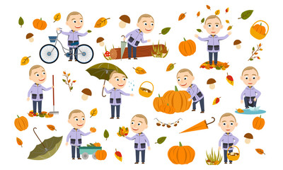 Set blond boy in an autumn jacket plays with leaves, launches a paper boat, rides a bicycle, carries pumpkins and has fun in the fall. Cute Vector Illustration