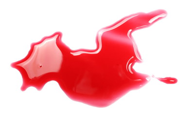 Spilled red wine puddle isolated on white background, top view