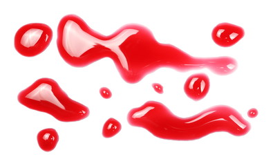 Spilled red wine puddle isolated on white background, top view