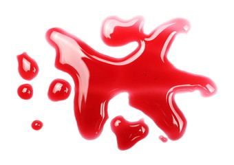 Spilled red wine puddle isolated on white background, top view